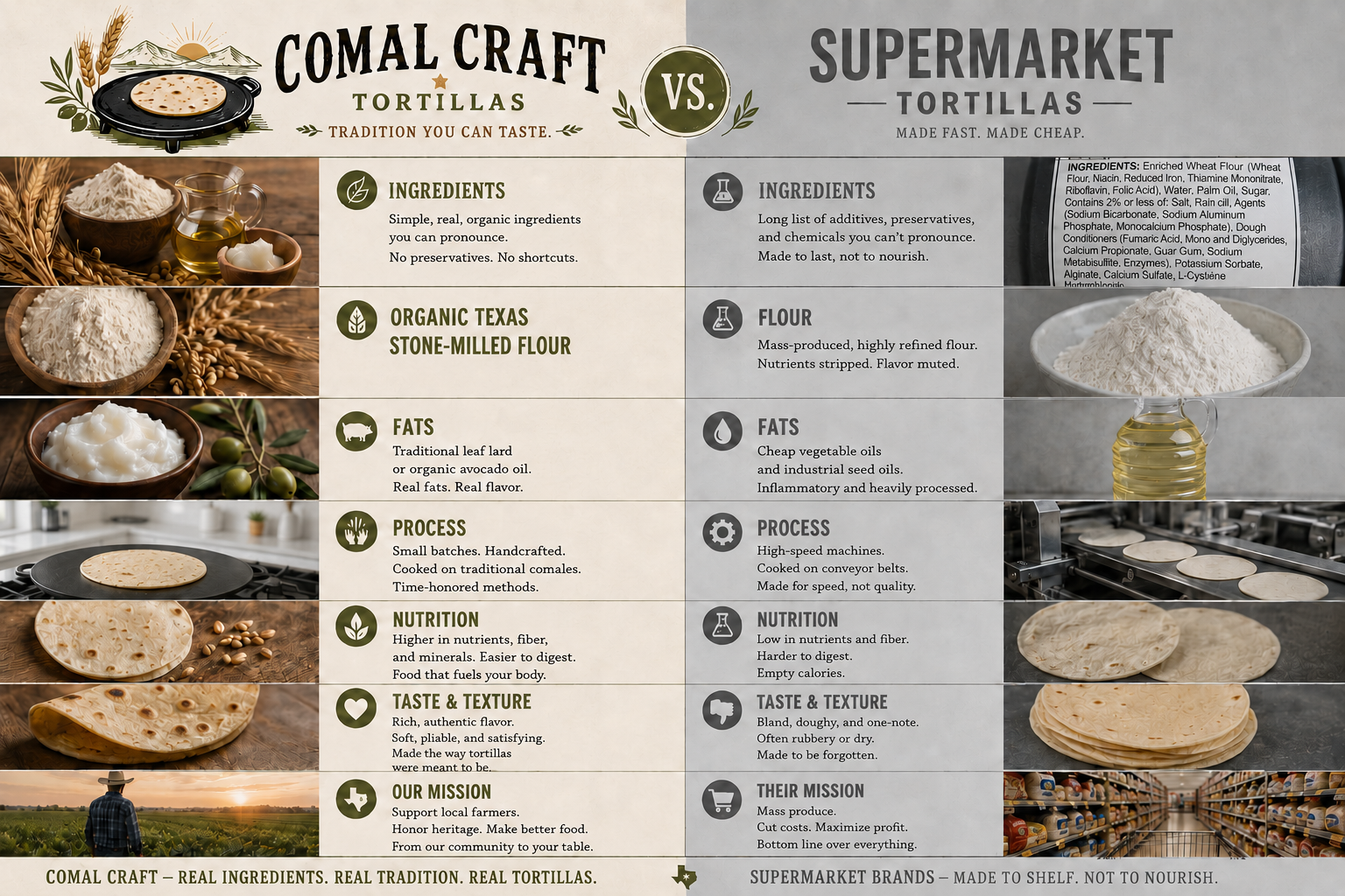 Comal Craft tortillas compared with supermarket tortillas across ingredients, flour, fats, process, nutrition, taste and texture, and mission